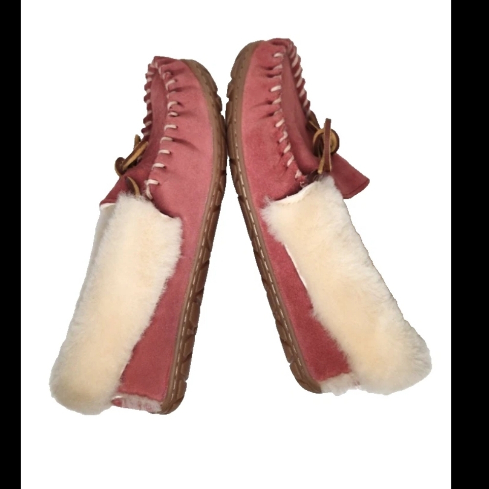 NEW LL Bean Wicked Good Slippers Moccasins Pink Leather Suede Real Lamb Fur 7M - Picture 4 of 11